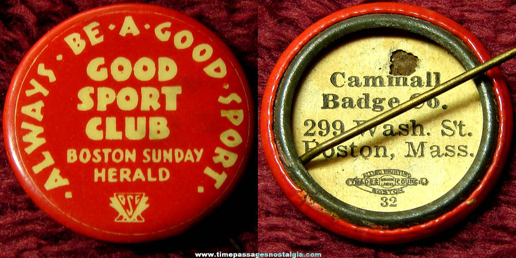 Old Boston Sunday Herald Good Sport Club Celluloid Pin Back Button