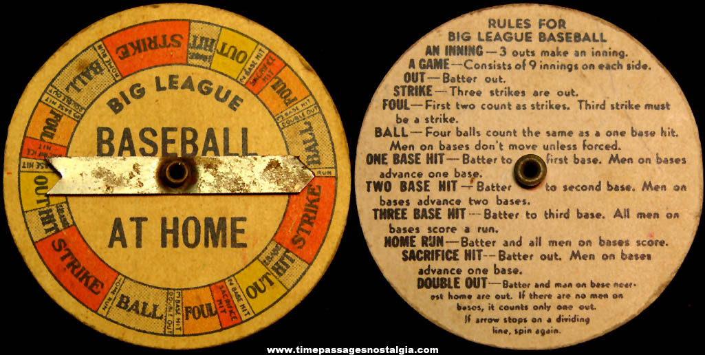 1946 Cracker Jack Pop Corn Confection Big League Baseball Prize Toy Spinner Game