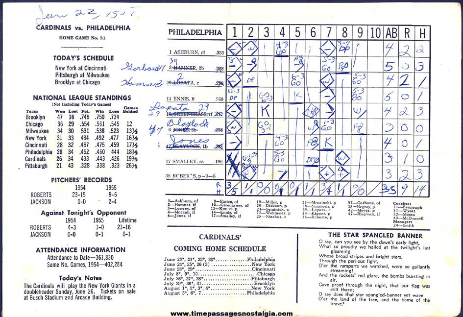 Autographed 1955 St. Louis Cardinals vs. Philadelphia Phillies Baseball Game Score Card