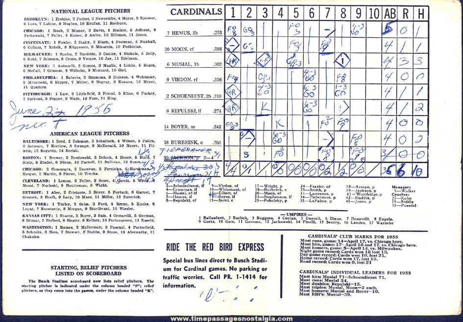 Autographed 1955 St. Louis Cardinals vs. Philadelphia Phillies Baseball Game Score Card