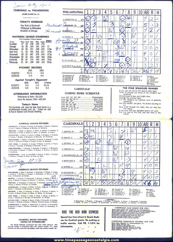 Autographed 1955 St. Louis Cardinals vs. Philadelphia Phillies Baseball Game Score Card