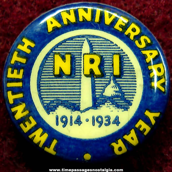 1934 National Radio Institute 20th Anniversary Celluloid Pin Back Button