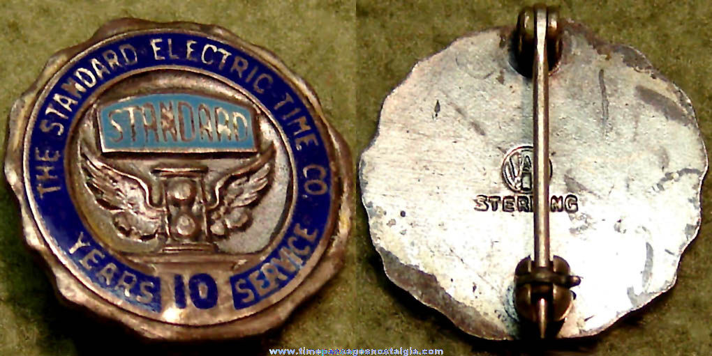 Old Standard Electric Time Company Advertising Employee Ten Year Sterling Silver Service Pin