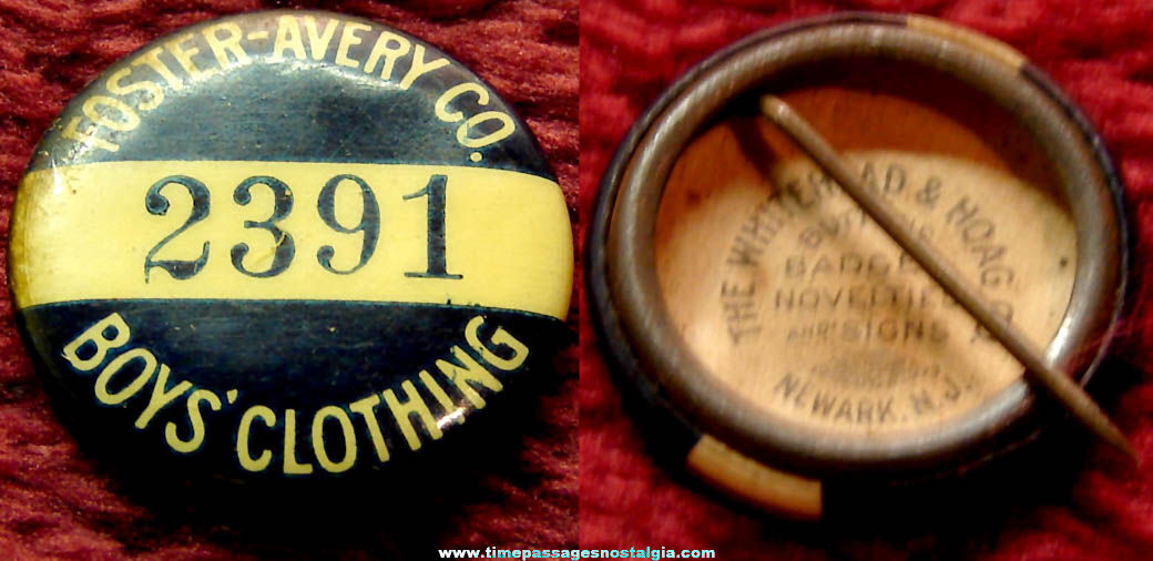 Old Foster Avery Company Boys’ Clothing Advertising Celluloid Pin Back Button