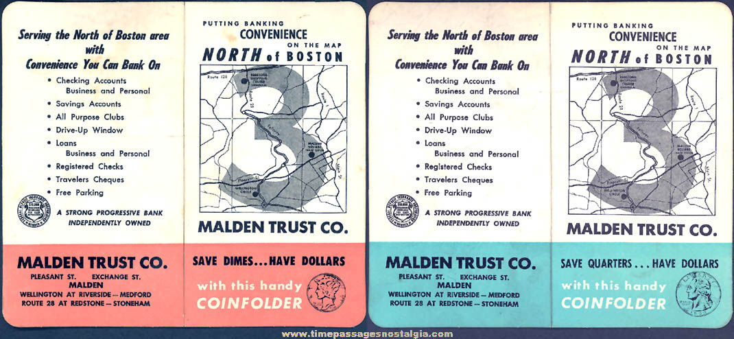 (2) Different Old Malden Trust Company Advertising Premium Coin Saving Holders