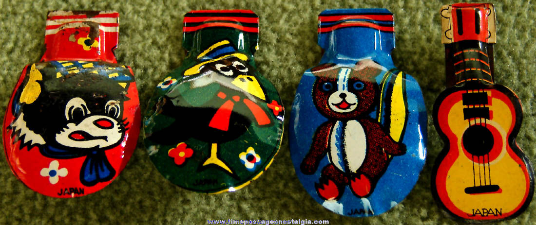 (4) Different Colorful Old Lithographed Tin Toy Clickers or Noise Makers