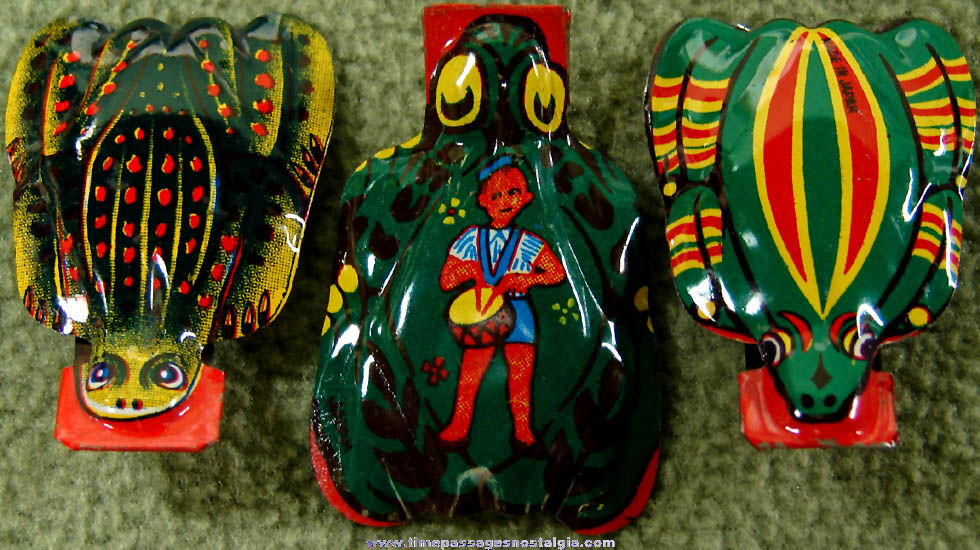 (3) Different Colorful Old Lithographed Tin Toy Frog Clickers or Noise Makers
