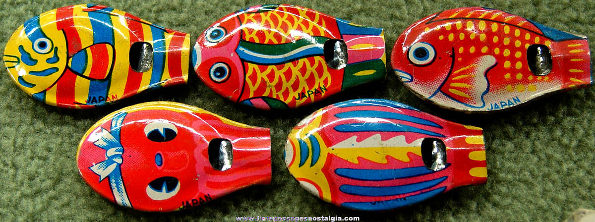 (5) Different Colorful Old Lithographed Tin Toy Fish Whistles
