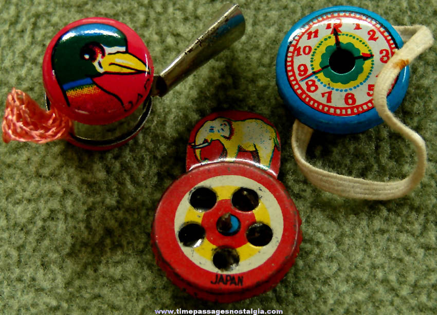 (3) Different Colorful Old Lithographed Tin Toy Whistles
