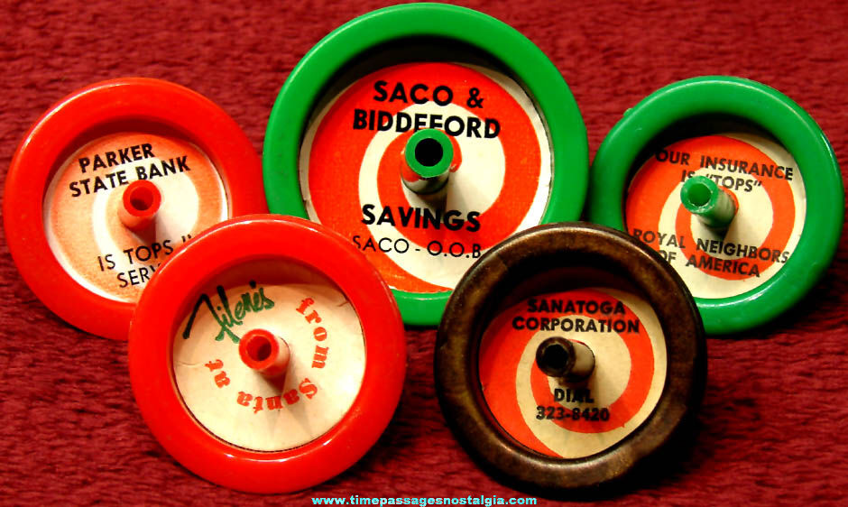 (5) Different Old Advertising Premium Toy Spinning Tops