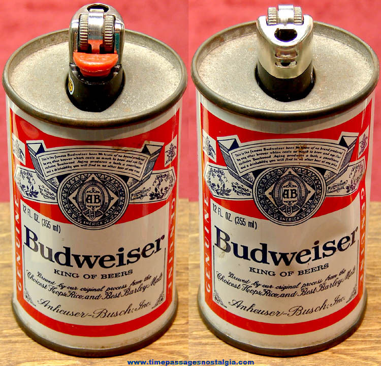 Old Budweiser Beer Advertising Tin Can Lighter Holder with Bic Lighter