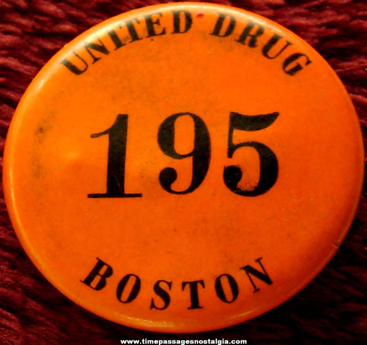 Old Celluloid United Drug Boston Advertising Employee Pin Back Button Badge