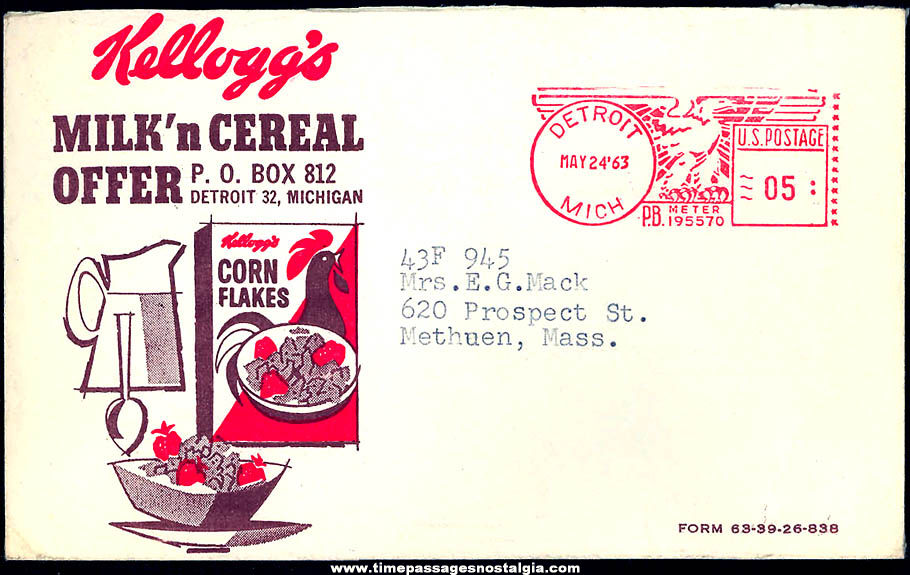 Colorful 1963 Kellogg’s Milk ’n Cereal Offer Advertising Envelope
