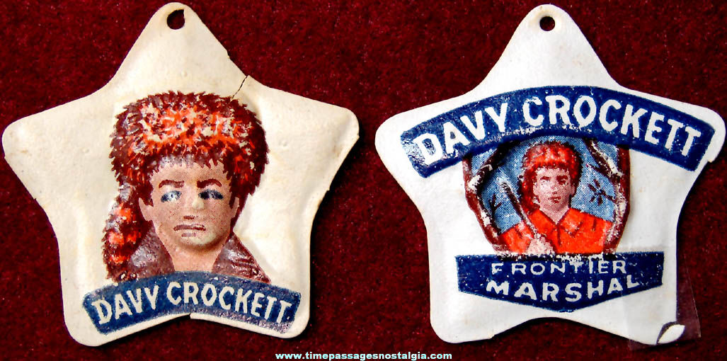 (2) Different 1955 Cracker Jack Davy Crockett Vacuform Prize Badge Charms