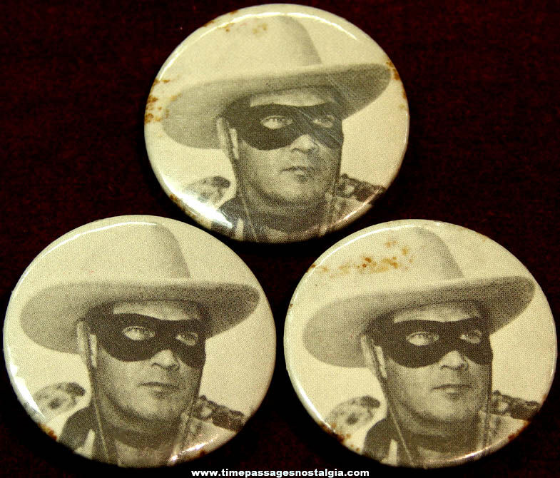 (3) Old Matching Lone Ranger Cowboy Character Hero Pin Back Buttons