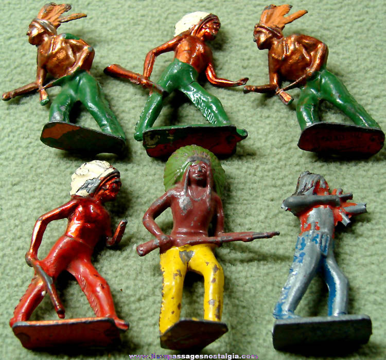 (6) Old Painted Metal Native American Indian Toy Play Set Figures