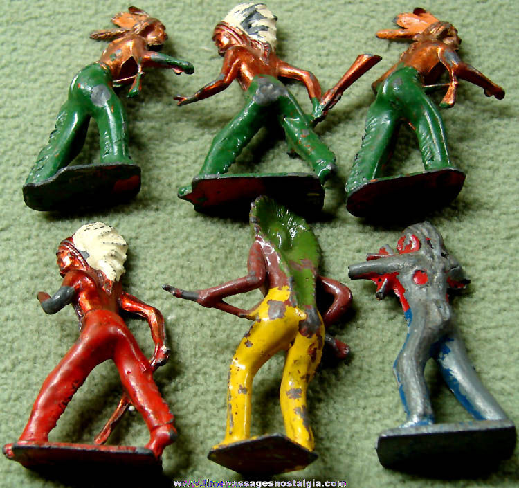 (6) Old Painted Metal Native American Indian Toy Play Set Figures