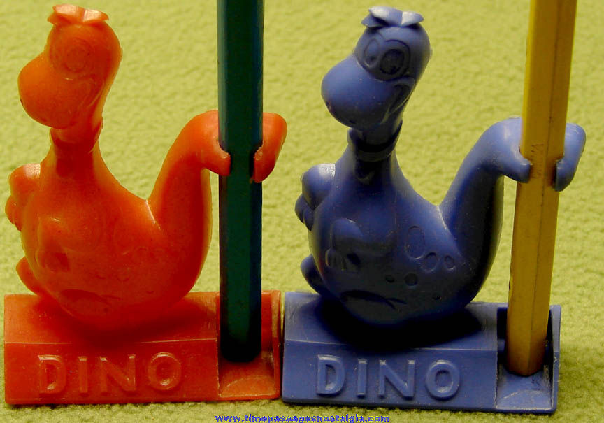 (2) 1974 Post Flintstones Cereal Dino Cartoon Character Pencil Holder Prizes