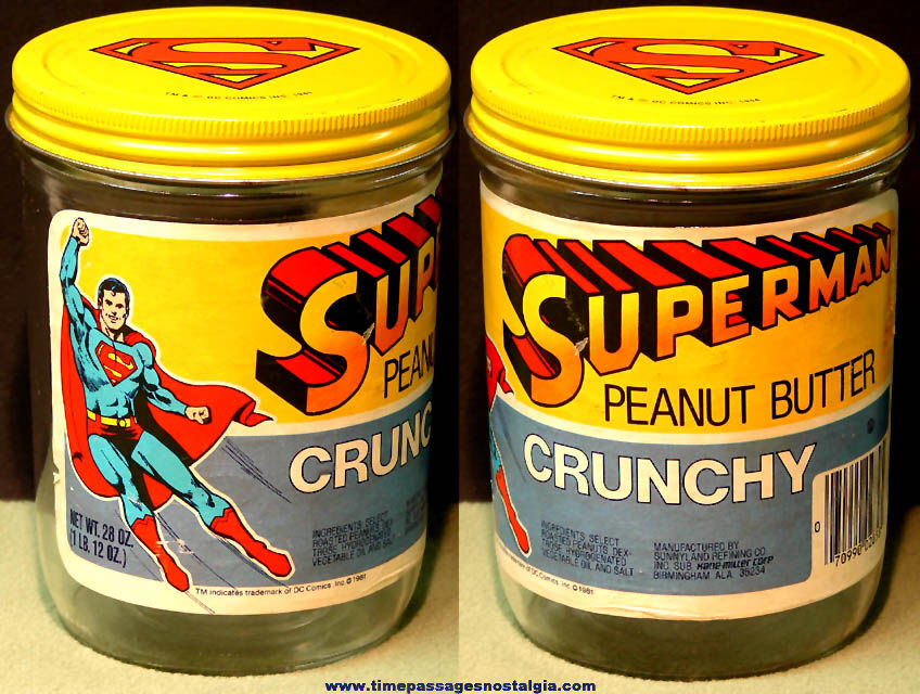 Colorful 1981 Superman 28 Ounce Peanut Butter Advertising Jar with Lid