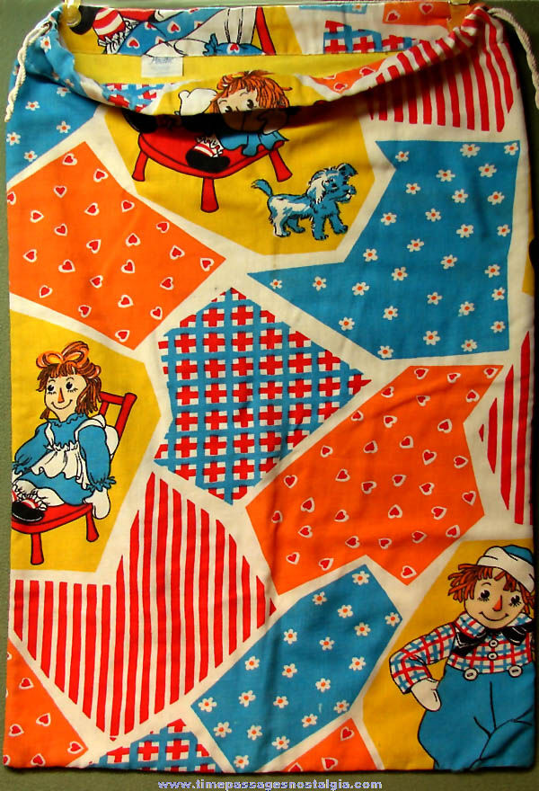 Large Colorful Old Raggedy Ann & Andy Character Doll Drawstring Cloth Duffle Bag