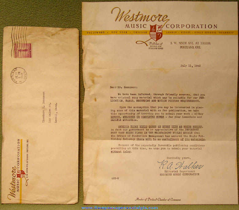 1942 Westmore Music Corporation Portland Oregon Music Request Letter & Envelope