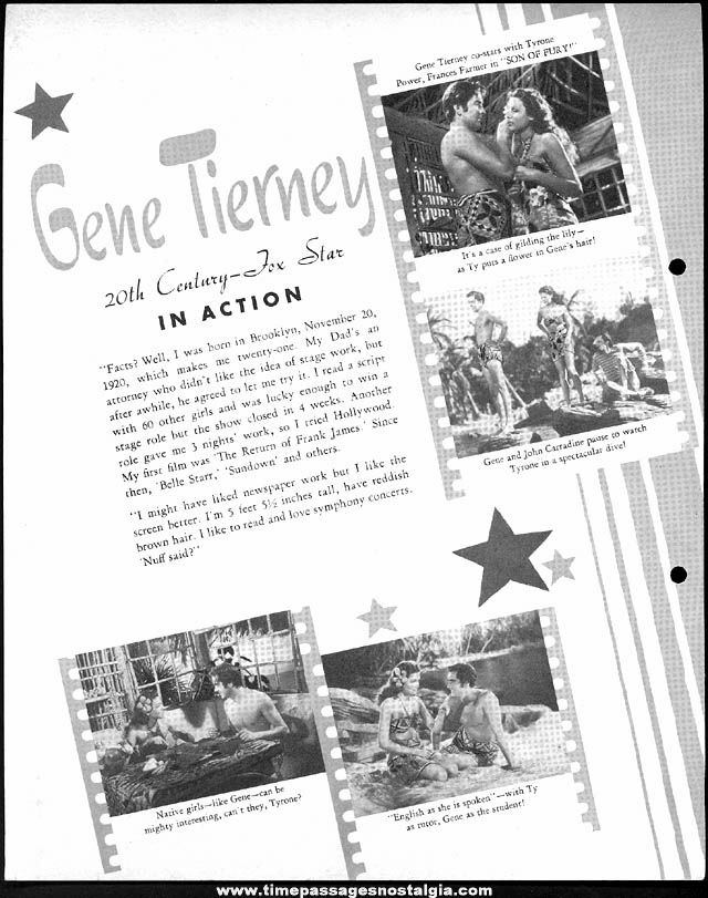 Colorful 1942 Gene Tierney Dixie Lid Ice Cream Premium Movie Star Picture Card