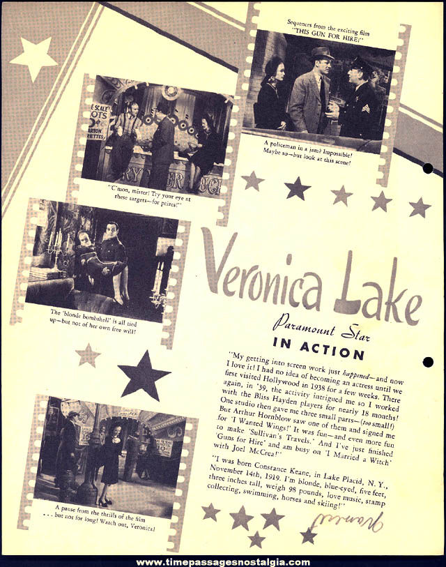 Colorful 1942 Veronica Lake Dixie Lid Ice Cream Premium Movie Star Picture Card