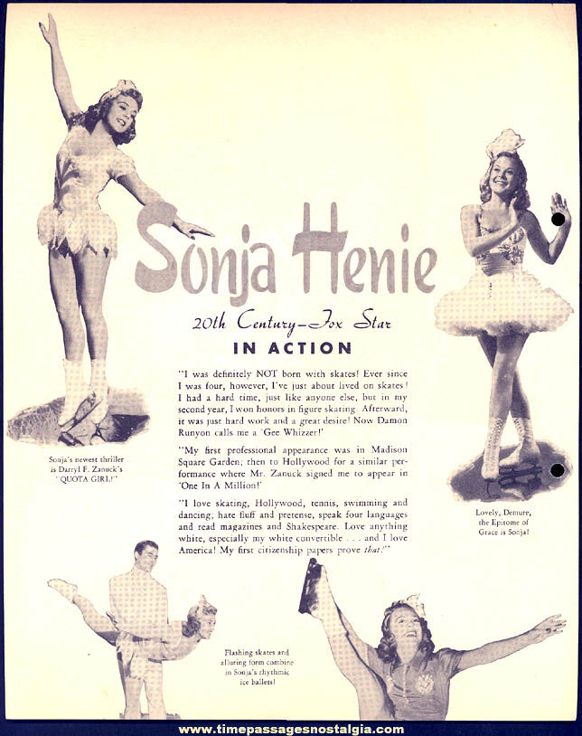 Colorful 1942 Sonja Henie Dixie Lid Ice Cream Premium Movie Star Picture Card