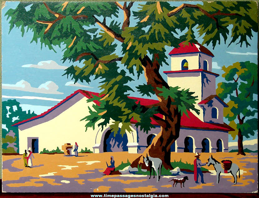 Colorful Old Paint By Numbers Mexican or American Mission Church Painting