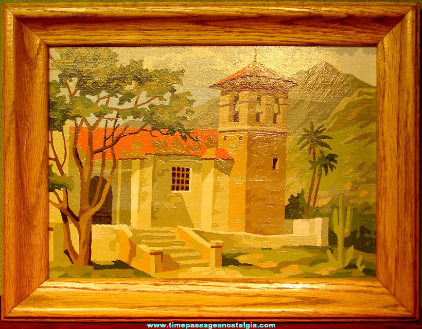 Colorful Old Framed Paint By Numbers Mexican or American Mission Church Painting
