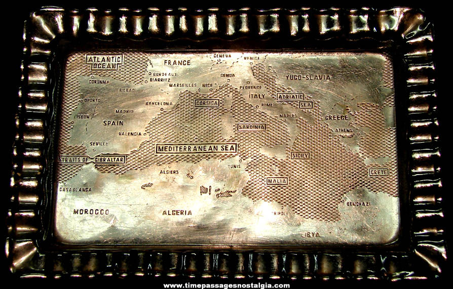 Small Old Mediterranean Sea Stamped Metal Souvenir Map Tray