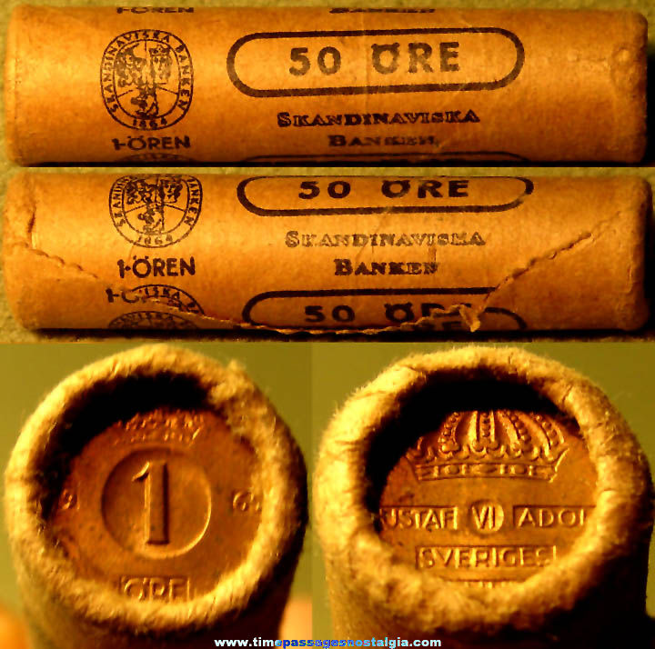 Old Unopened Bank Roll of (50) One Ore Swedish Coins