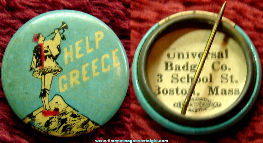 World War I Greece War Relief Celluloid Pin Back Button