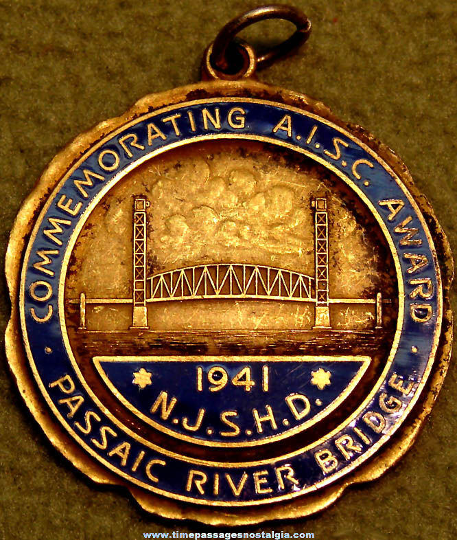 1941 New Jersey Passaic River Bridge Enameled Sterling Silver A.I.S.C. Award Medal