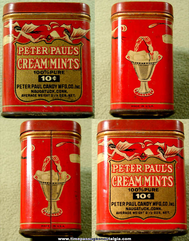 Colorful Old Peter Paul Cream Mints Advertising 10 Cent Candy Lithographed Tin Container