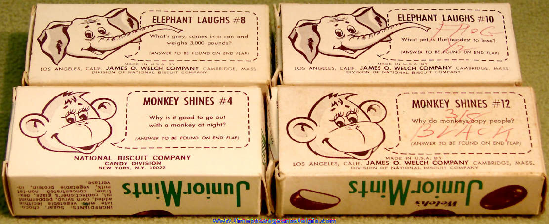 (4) 1970 Welch’s Junior Mints Candy Boxes with Elephant Laughs & Monkey Shines Trading Cards