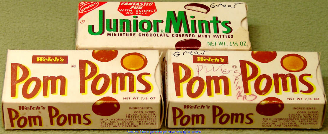 (3) 1971 Nabisco Junior Mints & Welch’s Pom Poms Candy Boxes with Non Sports Trading Cards