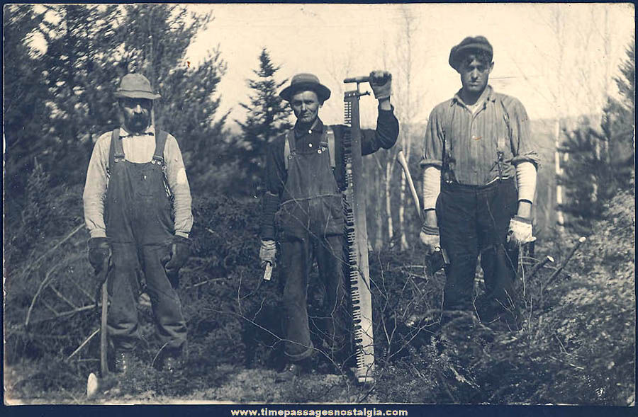 Old Unused Lumberjack Workers with Tools Real Photo Post Card