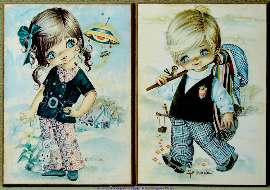 (2) Old Fallarda Big Eyed Girl & Boy Children Art Prints