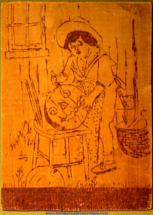 Old Wooden Pyrographic or Wood Burning Art Halloween Holiday Picture
