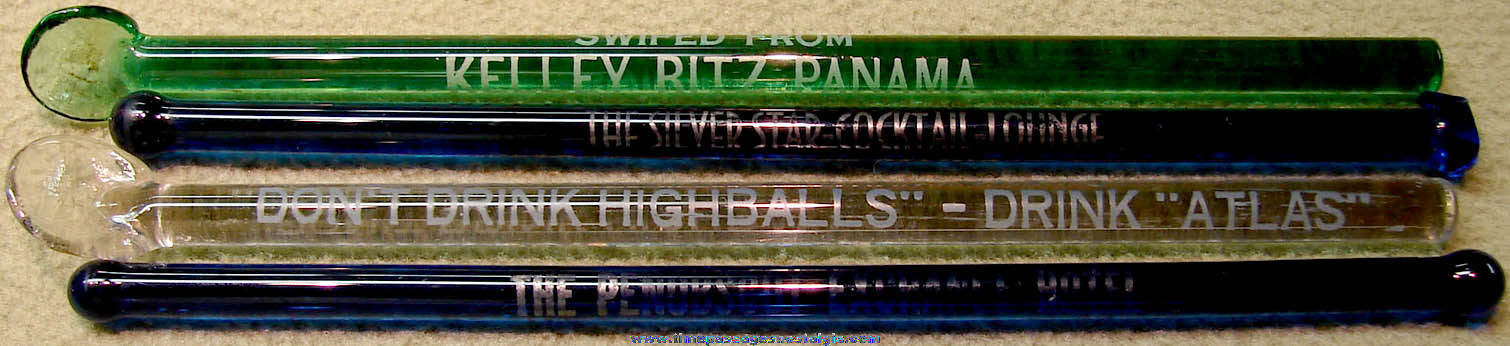 (4) Different Colorful Old Advertising Glass Drink Swizzle Sticks