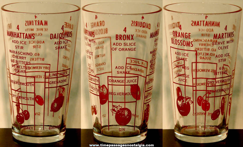 Old Imprinted Cocktail Drink Measuring Recipe Bar Glass