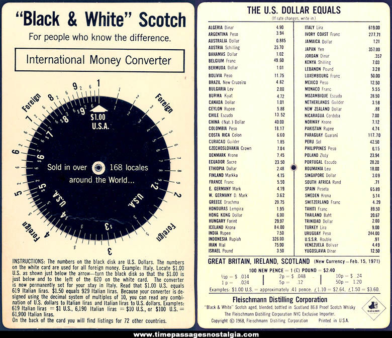 ©1968 Black & White Scotch  Whisky Advertising Premium International Money Converter Dial