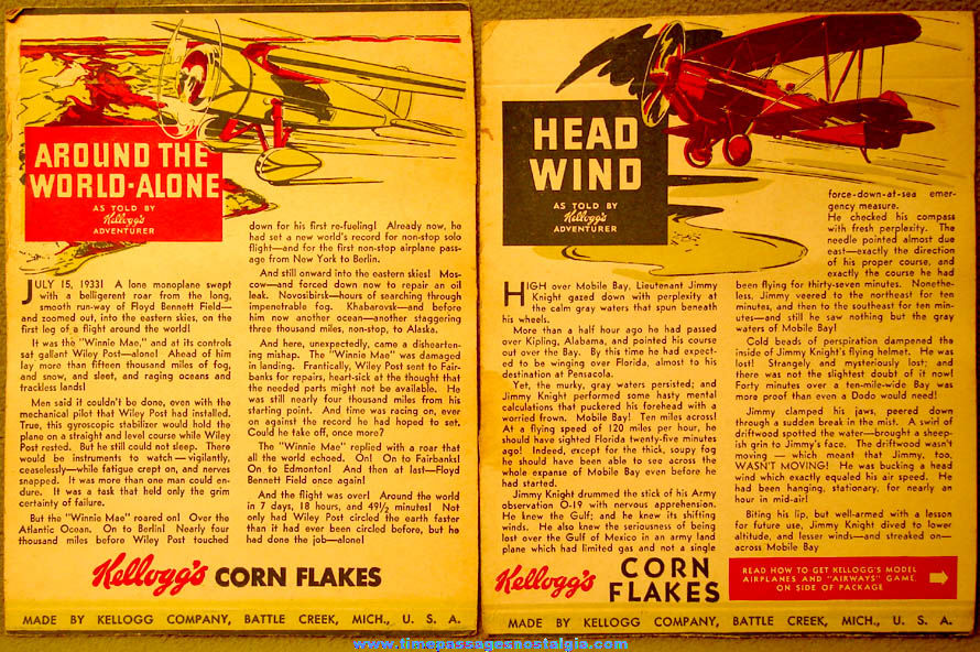 (2) Colorful 1930s Kellogg’s Corn Flakes Cereal Adventurer Airplane Transportation Box Panels
