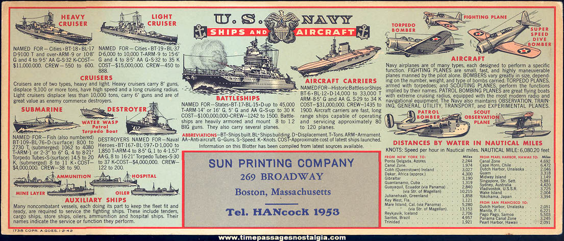 Unused 1942 United States Navy Ships & Aircraft Advertising Premium Ink Pen Blotter