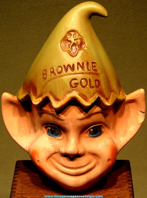 Old Girl Scout Brownie Gold Ceramic Elf Figure Head Coin Savings Bank
