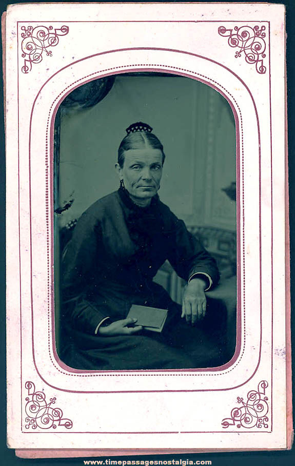 1800s Tintype Photograph of a Women with a Book In Original Paper Frame Folder