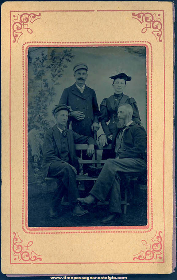 1800s Tintype Photograph of (3) Men and A Woman In Original Paper Frame Folder