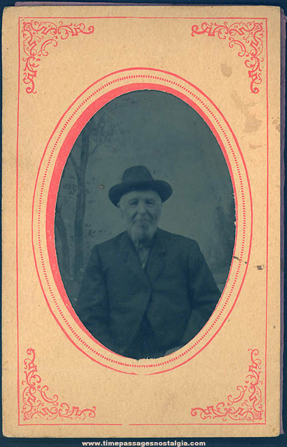 1800s Tintype Photograph of A Bearded Man In A Hat In Original Paper Frame Folder