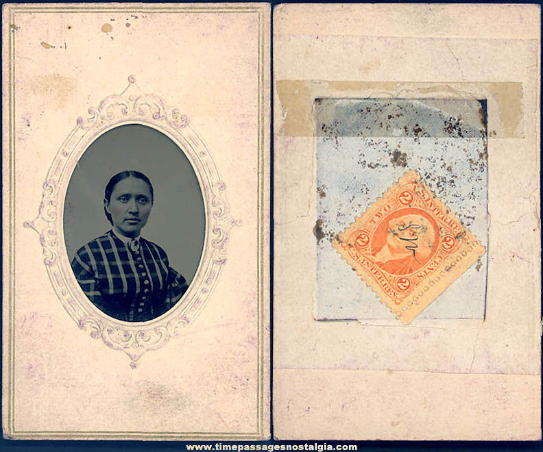 1800s Tintype Photograph of A Woman In Original Paper Frame With Tax Stamp